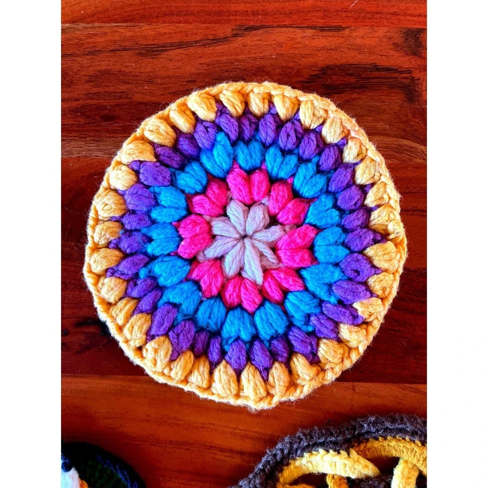 Vintage Handmade Crochet Trivets Set of 3 Retro Boho Pot Holders Multi Color 70s